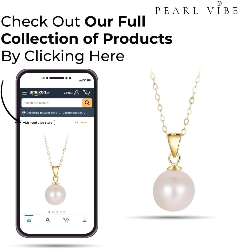AAA+ Quality Freshwater Pearl Pendant Necklace | 8.5mm Round White Pearl on 925 Sterling Silver | 18-19 inch length Golden Chain Pearl Pendant for Women - Image 6