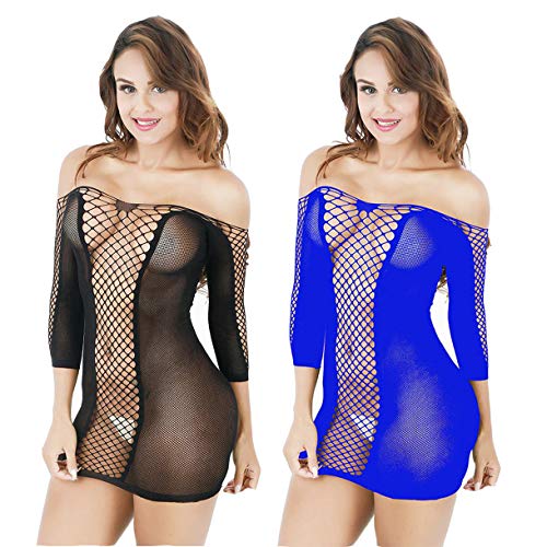 LOVELYBOBO 2-Pack Conjuntos De Lencería Sexy para Mujeres Bodystocking Encaje Traje De Red Babydoll Lenceria Sexy Ropa De Dormir De Encaje (Negro+Azul)