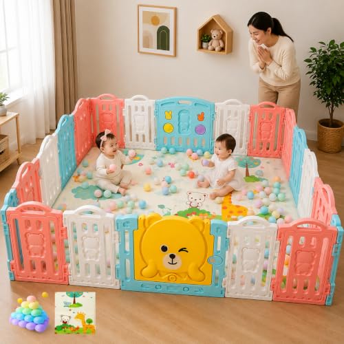 Image of 18 panel Playpen for Babies 0-3 Years Foldable with Mat and Balls Baby Play Area Indoor Setup Play Yard Fence for Toddlers Kids Playarea Setup Outdoor Children Play Pen with Gate Baby Playpen (6 x 6 ft=36 SQFT)