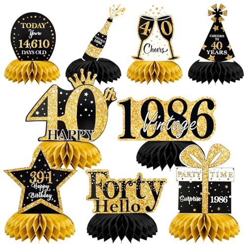 Decoração de mesa para 40 aniversários, preto e dourado, 9 unidades, design de favo de mel, decoração de 40 anos para homens e mulheres, decoração de mesa para 40 anos