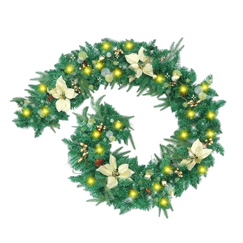 Christmas Garland 9FT 300 Branch 60 LED Dalliwow Pre-lit Christmas Garlands with Lights Pine Gold Berry Flower Ball for Indoor Outdoor Christmas Decorations for Mantel Winter Holiday Xmas Decor Home