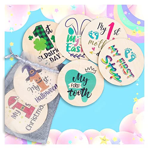 Image of My First Holiday Milestone Cards Sign, Double Sided Newborn Photo Props Pregnancy Journey Baby Shower My First Holiday Anniversary Milestone Wooden Discs