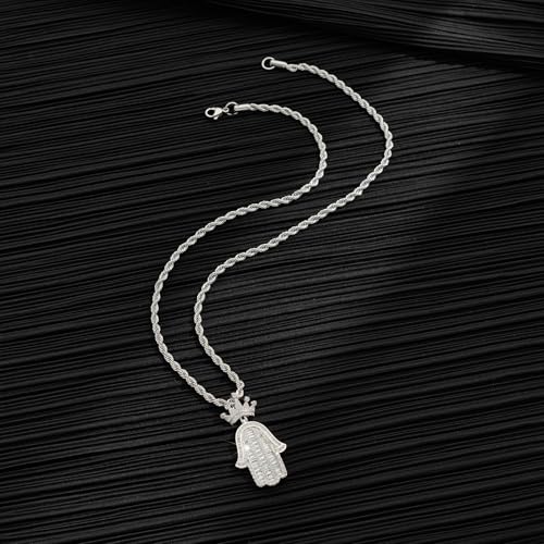 Silver Hamsa Necklace for Men with - 24inch Stainless Steel Rope Chain Iced Out Pendants with Fatima Hand Fashion Hiphop Jewelry Personalized Gift