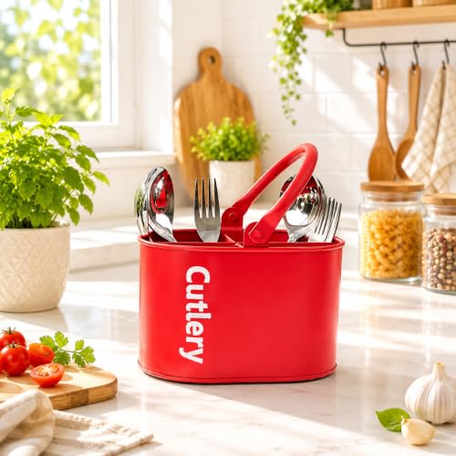 Image of MARKET 99 Galvanised Iron Red Cutlery Holder with Oval Shape and Matte Finish | Knife and Fork Holder for Kitchen | Cutlery Stand | Dining Utensil Rack for Dining Table