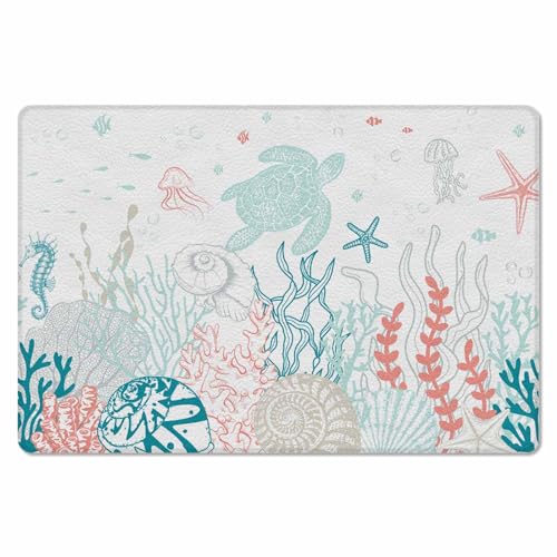 Coastal Summer Ocean Antifatigue Kitchen Bath Door Mat Cushioned Runner Rug,Washable Welcome Floor Sink Mat,Waterproof Non-Slip Kitchen Standing Doormat,Sea Turtle Coral Seaweed Shell Starfish 18