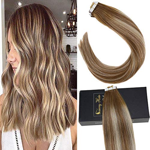 Sunny 14 inch 50g 20pcs Tape in Human Hair Extensions Ombre Dark Brown Fading to Platinum Blonde mixed Brown Balayage Tape Hair Extensions Remy Hair