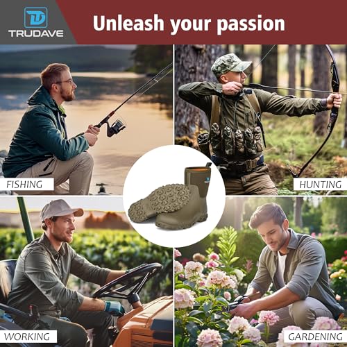 Image of Trudave Rubber Boots for Men, 6mm Neoprene Insulated Mud Boots with Steel Shank, Men's Mid Calf Waterproof Rain Boots,Anti-Slip Rubber Work Boots for Farming Gardening Fishing,Size 7-13