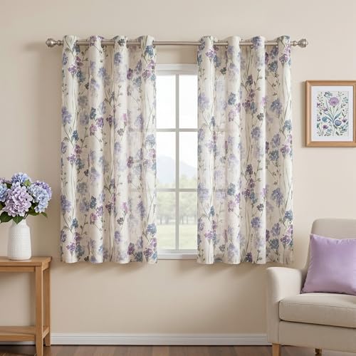 Image of MYSKY HOME Floral Linen Curtains 45 inch Length 2 Panels Set Patterned Semi Sheer Light Filtering Privacy Farmhouse Grommet Drapes for Bedroom Small Window, Purple, 52 inch Wide Each Panel, Pack-2