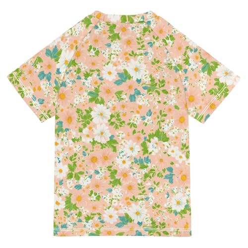 ALAZA Kids Rash Guard Girls Toddler Swim Shirts Short Sleeve Flower Green Leave UPF 50+ 3T2