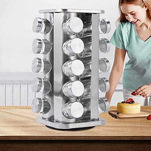 Rotating Spice Rack, 20-Jar Spice Rack, Stainless Steel Spice Rack Empty Glass with Labels for Countertop, Spice Rack Tower Organizer with silicone funnel for Kitchen Spices