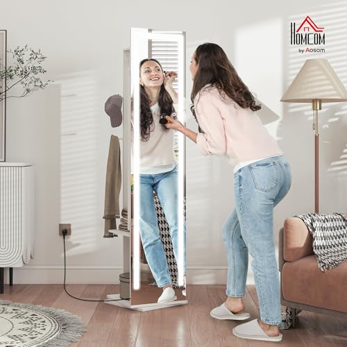 HOMCOM Espejo Joyero con Luces LED, Armario para Joyas, Armario Joyero con Espejo Entero, Perchero, Giratorio de 360°, Estantes Abiertos, Barras para Colgar, Blanco - imagen 2