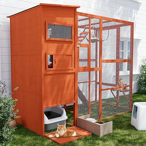 QUYZE Catio Outdoor Cat Enclosure,4 Tiers Large Outdoor Cat Enclosures for Mulitiple Cats Walk in Cat Patio with Waterproof Roof, 74" Outdoor Catios with Hanging Hammock, Bridge-Orange Cover