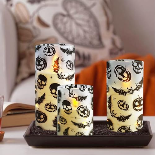 Image of Flickering Flameless Candles Halloween Bat Embedded Star String Lights, Battery Operated Acrylic LED Pillar Candles with 11-Key Remote and Timer for Home Decoration, 3 Pack