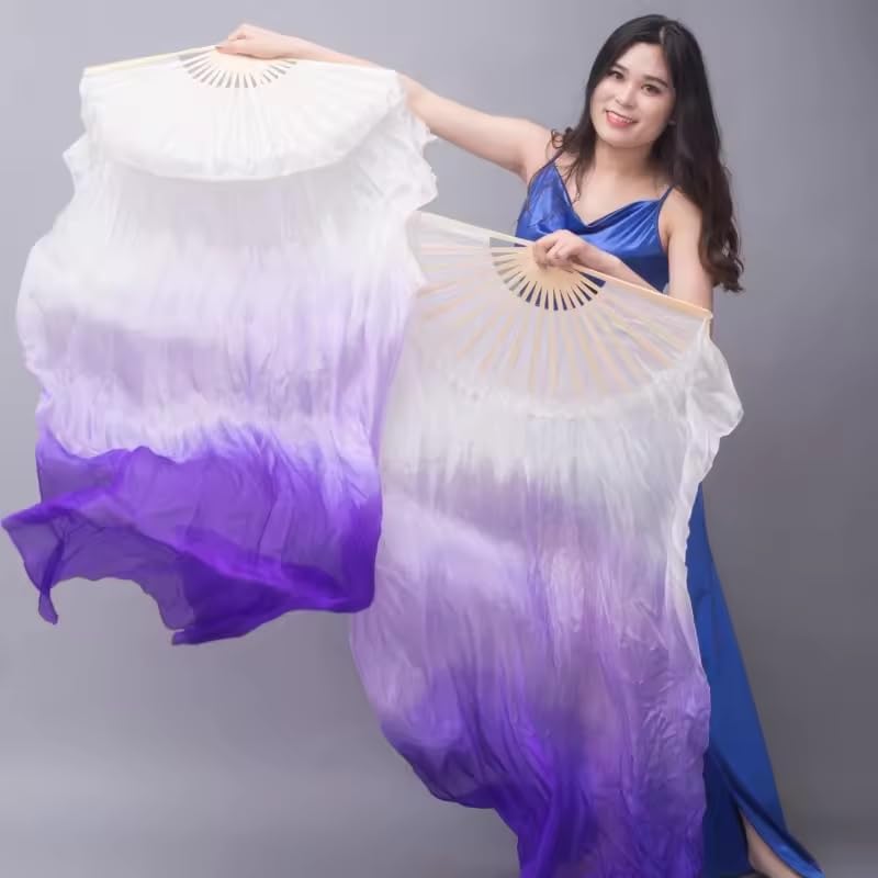 Women 1 Pair Hand Made Silk Belly Dance Fan Veils Long Bamboo Fan for Dancing - Image 7
