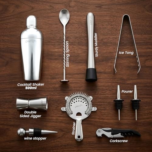 Image of O' Holic by Perch Craft 10-Piece Stainless Steel Bartender Kit|Premium Cocktail Shaker Set with Jigger 30 /60ml, Spoon,Pourer,Ice Tong, & Bar Tools|Professional Bar Set for Home &Tour Parties|Silver