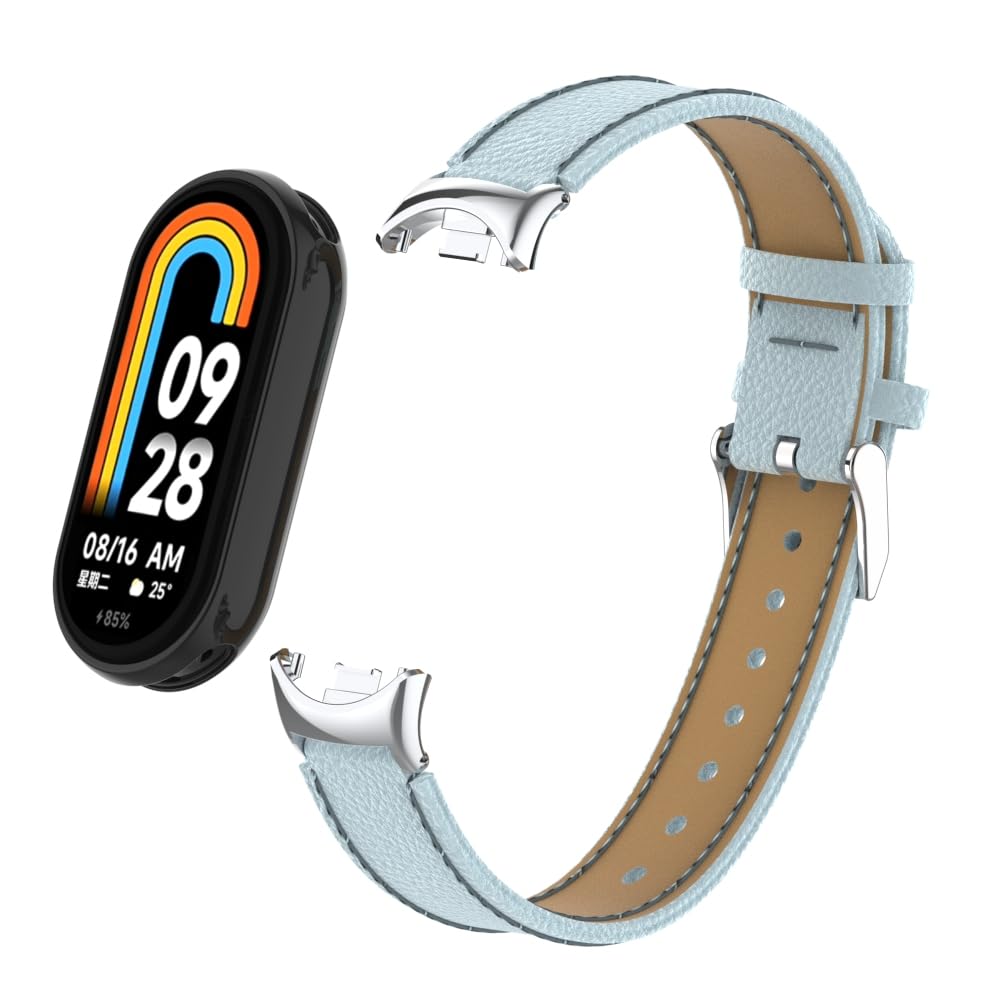 HOPMC Mi Band 8 Fashion Metal Connector Lychee Grain Leather Strap Replacement Wristbands Strap Compatible for Xiaomi Mi Smart Band 8 /8NFC /9/10（Not