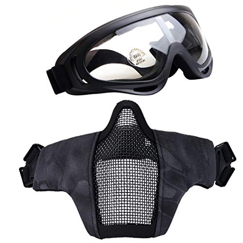 Fansport Airsoft Mask Tactical Goggles Set, Lower Half Face Mesh Masks Foldable Steel Mesh Mask Airsoft Protective Mask With Goggles Set For Hunting, Shooting, Paintball (Black) #TOP1