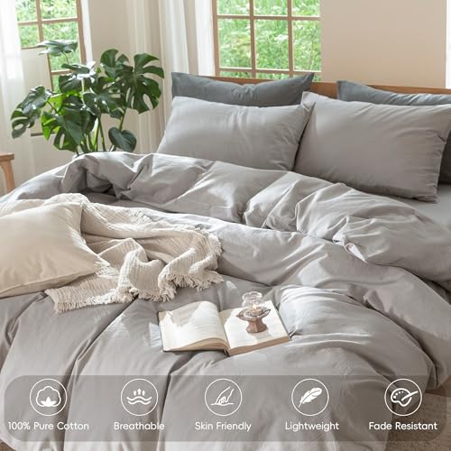 Image of MooMee Duvet Cover Set 100% Washed Cotton Linen Like King | Relaxed Linen-like Texture. Soft, Breathable & Long-lasting Comfort. Lightweight. Hidden Zipper with 8 Interior Corner Ties