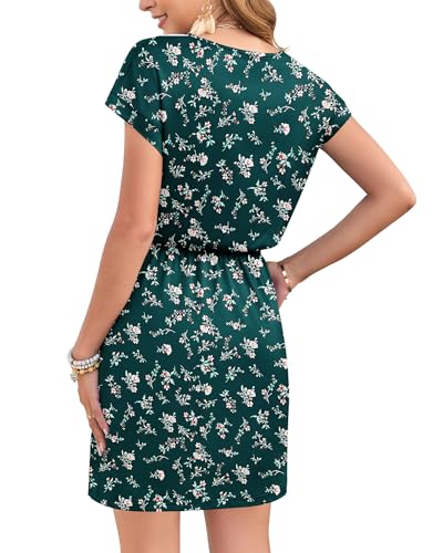 Image of AUSELILY Womens Summer Mini Dress, Short Sleeve V Neck Drawstring Casual | Soft smooth drape with an adjustable drawstring waist for beach, casual outings and daily wear