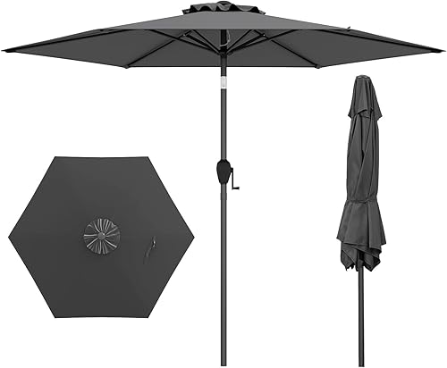 Miniatura 17 de Tangkula Sombrilla de patio de 9 pies, sombrilla de mesa de mercado al aire libre con botón de ajuste de inclinación, manivela y 6 varillas Naranja