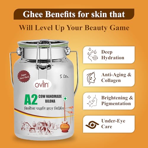 Image of Ovlin A2 Desi Cow Ghee | Handmade Bilona Method Ghee | Pure Desi Cow Milk | Traditional Vedic Bilona Process | 100% Natural, Preservative Free | Rich in Vitamins A, D, E & K | Pure A2 Bilona Cow Ghee for Cooking & Daily Nutrition 5L