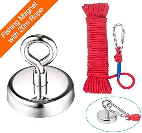 Neodymium Eyebolt Magnet,Diameter x 60mm Thick x 15mm, Wukong N52 Holding pull force 330LBS(150KG) Fishing clamping magnet and 6mm Braided Rope x 66ft