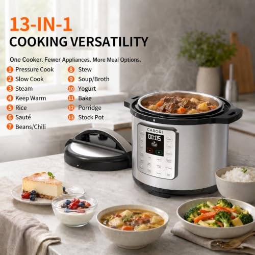 Image of CARORI 8Qt 12-in-1 1200W Stainless Steel Pressure Cooker,Quick Meals, Time-Saving, Healthy, Convenient & Efficient - with Safer Venting & Recipe Book, Silver