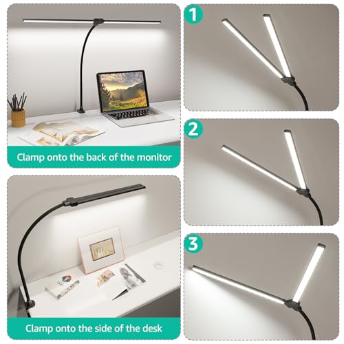 Image of ShineTech LED Desk Lamp for Home Office, 4000K Neutral White Double Head Architect Task Lamps with Clamp, Dimmable Adjustable Flexible,Black