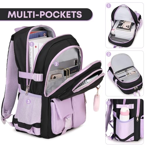 Backpack For School Women College Middle High Teen Girls Student Bookbag Waterproof Laptop Bag Black Purple4