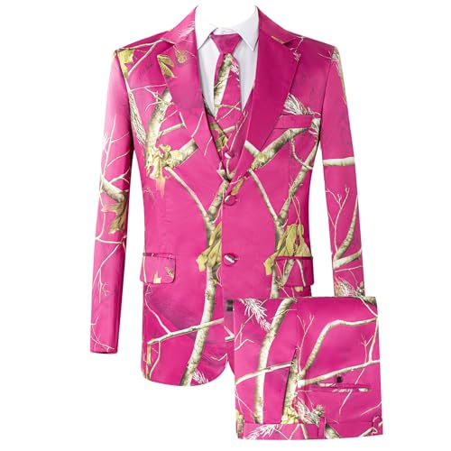 Men's Slim Fit 2 Piece Two Button Suit, Notch Lapel Jacket Pants Suit Set with Tie, Casual Rose Red Tuxedo Set