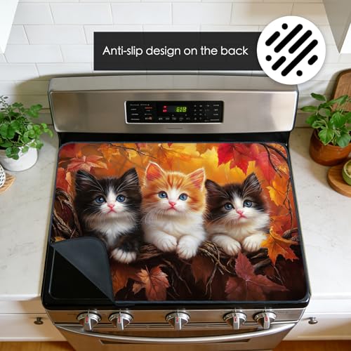 Image of Nuxovilar Kittens Leaves Stove Cover Diatom Mud 20.47x28.34 In | Glass Protector Countertop Mat Counter Saver Cooktop Cover Kitchen Home Dining Area Room (Kittens Autumn Leaves)