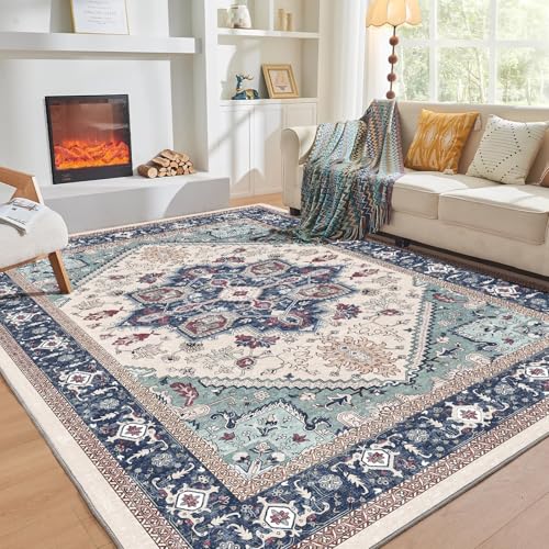 OPPODREAM Soft 8x10 Area Rugs, Washable Rugs 8x10 with Non Slip Backing, Faux Cashmere Low-Pile 8 x 10 Carpet, Navy Blue & Red & Cream