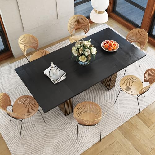 Image of 78 Inch Rectangular Dining Table for 6 to 10, Farmhouse Fluted Dining Kitchen Table, Modern Wood Long Dining Table for Kitchen Living Room, Black