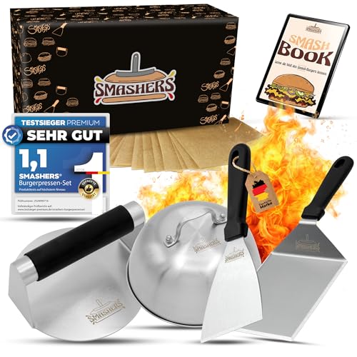 SMASHERS Smash Burger Set – Burger Smasher Set mit Burgerpresse, Grillspachtel, Pfannenwender & Burgerglocke - Inkl. E-Book mit Smash Burger Rezepten & Burgerpapier (6-TLG.)