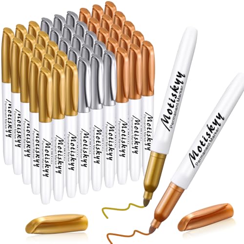 Image of Motiskyy 48 Pcs Metallic Permanent Markers Bulk Metallic Marker Pens Medium Tip Quick Dry Paint Pen for DIY Crafts Artist Illustration Gift Card Making(Gold and Silver)
