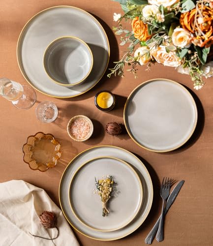 Image of TheTerra Ceramic Dinnerware Sets for 8, 24 Pieces Handmade Reactive Glaze Plates and Bowls Set, Scratch Resistant Dish Set, Oven & Microwave & Dishwasher Safe, Autumn Haze
