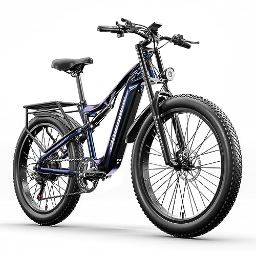 Shengmilo-MX03 Bicicleta eléctrica para Adultos, 48V 15Ah 720Wh Batería extraíble, 26" Fat Tire Bicicleta de montaña eléctrica con 3 Modos de conducción, Motor BAFANG, Suspensión Total,7 velocidades