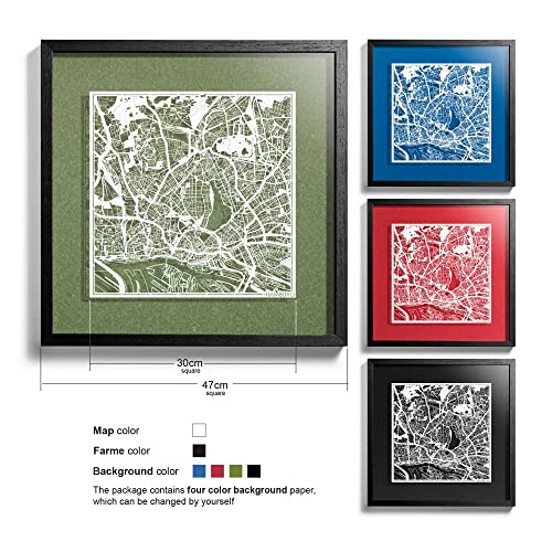O3 Design Studio Hamburg Cut Map Framed, White Map, Black Frame, 18X18 Inches, Paper Cutting Art Work, Gift Boxed, 4 Background Color, Self-Changing, Wall Art #TOP1