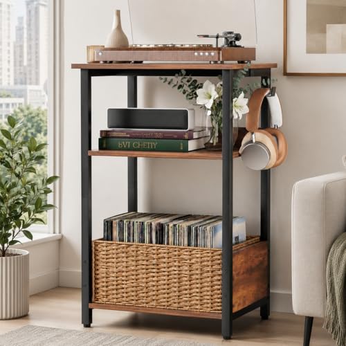3-Tier Record Player Stand & Vinyl Storage Cabinet – Turntable Side/End Table with Album Rack | Modern Heavy-Duty Media Console Furniture for Living Room, Bedroom | Rustic Wood Finish
