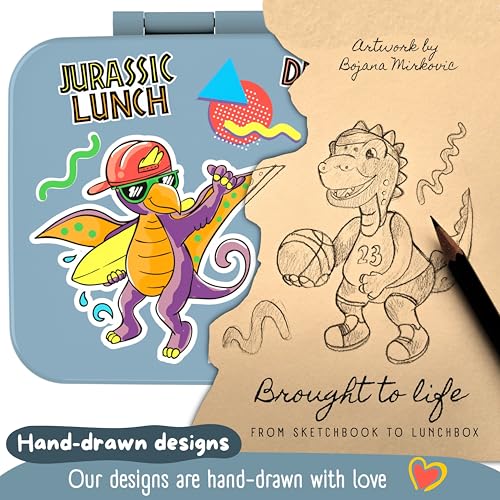 Image of BEARFOOT Kids Lunch Box with Compartments - Compact & Lightweight | Leak-Proof, BPA-Free, Dishwasher Safe | Hand-Drawn Design for Preschool, School, Travel (Dinos Blue, 2.75 Cups)