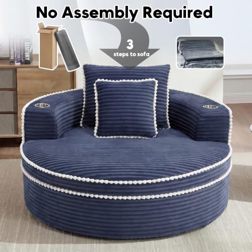 Image of Oversized Round Chair Lounge Chaise Indoor, 54.3 inch Upholstered Corduroy Deep Seat Single Cloud Sofa Chair with Cup Holder, Modern Large Circle Boneless Sleeper Sofa for Living Room, Blue