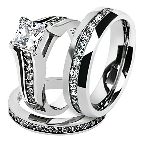 Marimor Jewelry His and Hers Stainless Steel 2.10 Carat Cubic Zirconia Bridal Set and Men's Eternity Wedding Band
