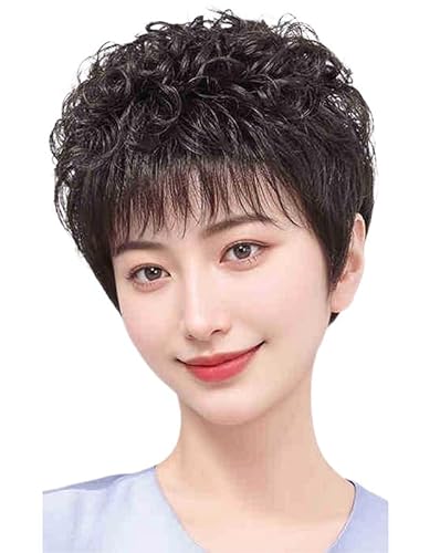 IXYPHALM ウィッグ ショート 中高年 フルウィッグ かつら 女性 人毛ミセス パーマ ハハかつら 手植え 白髪隠し 自然 脱毛用 医療用 女性用 通気性 (ナチュラルブラック)