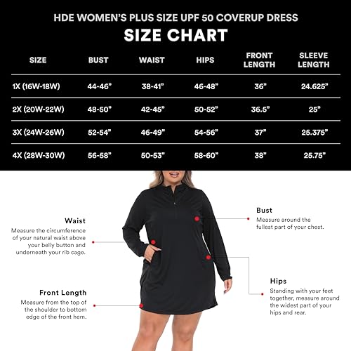 HDE Women's Plus Size Swim Coverup Dress with Hood UPF 50 Long Sleeve Cover Up Blue- 1X