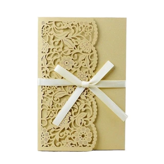 Inviti Matrimonio 50 pezzi di biglietti invito for matrimonio, auguri con fiori in pizzo a tre ante e nastri for feste(Gold Cover inner)