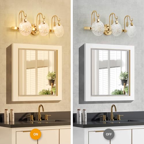 Image of WUZUPS 3-Light Bathroom Light Fixture Over Mirror Morden Vanity Wall Sconces Clear Glass Shade for Bedroom Living Room, E12 Base, Brass Gold