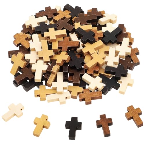 100PCS Mini Wooden Cross 5 Colors Christian Gift Bulk Natural Small Cross Pocket Crosses Decorative Crosses Charms for Women Children and Adults Party Favors
