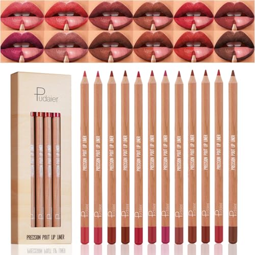 Baorder Juego de delineador de labios mate de 12 colores, resistente al agua, lápices labiales lisos de larga duración, delineador de labios fino de alta pigmentación para mujeres