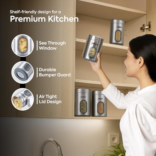 Image of Go24 pexpo Freshmate Stainless Steel Container 1000ml (Set of 4) | Transparent Kitchen Storage Container | Airtight | Multipurpose | Jar for Dry Fruits, Dal, Snacks, Tea, Coffee, Sugar - Matte Finish