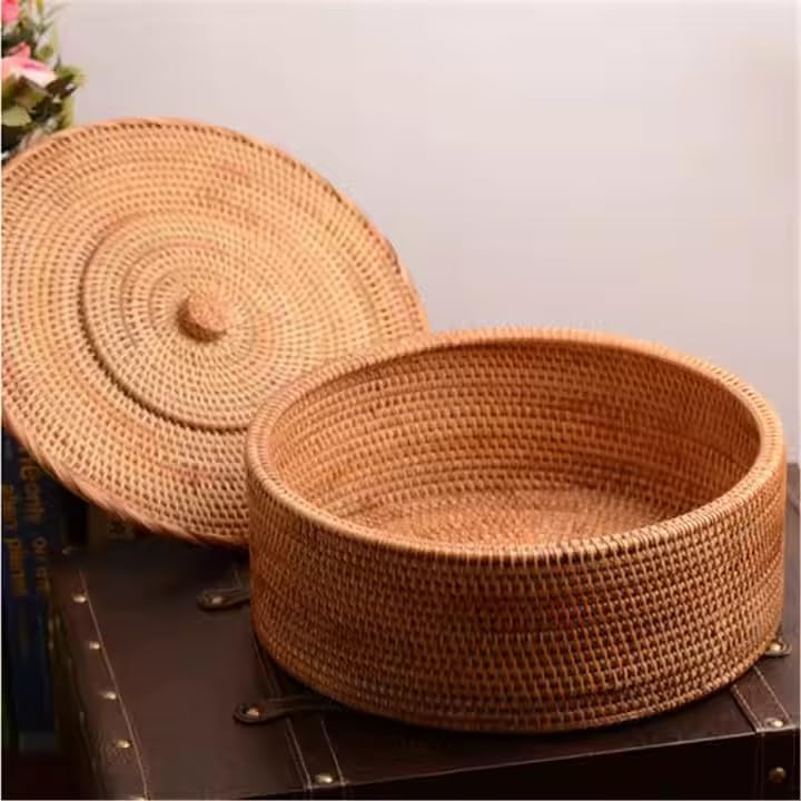 Handmade Natural Rattan Basket With Rattan Lid for Food Storage Container Vietnam Handicraft (Small)